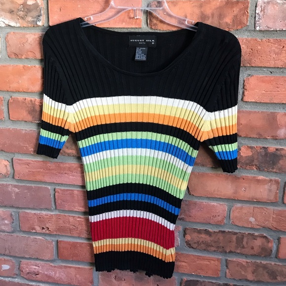 August Silk Ribbed 100% Silk Knit Sweater Top Stretch Crew Stripes Rainbow Black - Picture 4 of 11